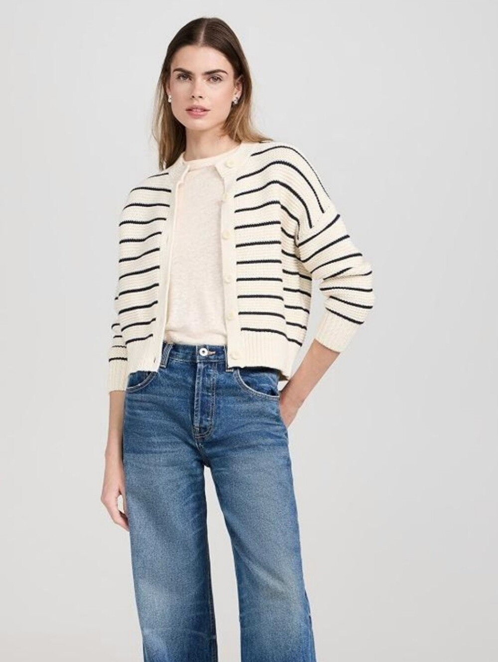 Alex Mill Cream and Navy Striped Cropped Nico Chunky Cardigan